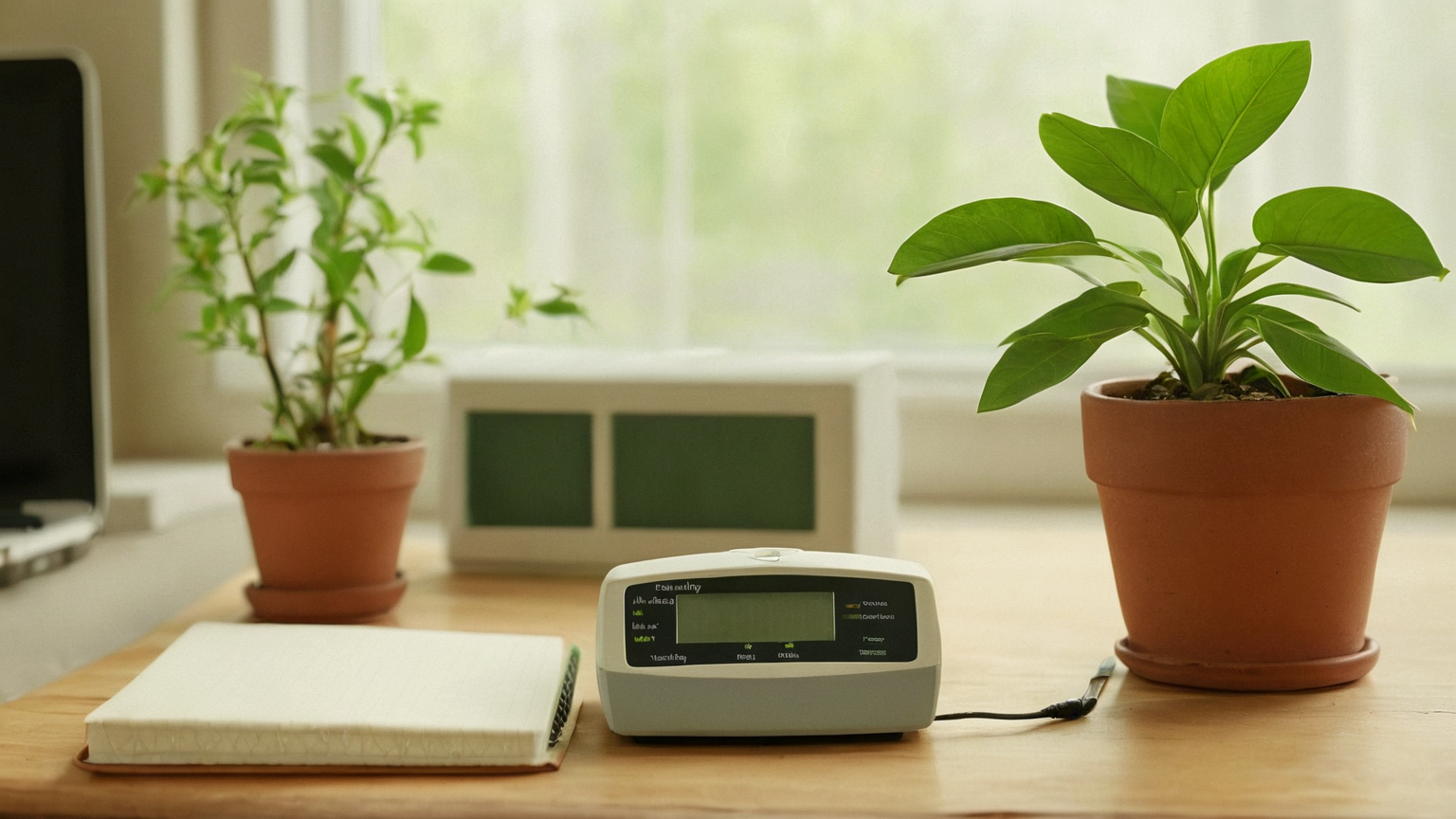 blank air quality monitor beside a plant